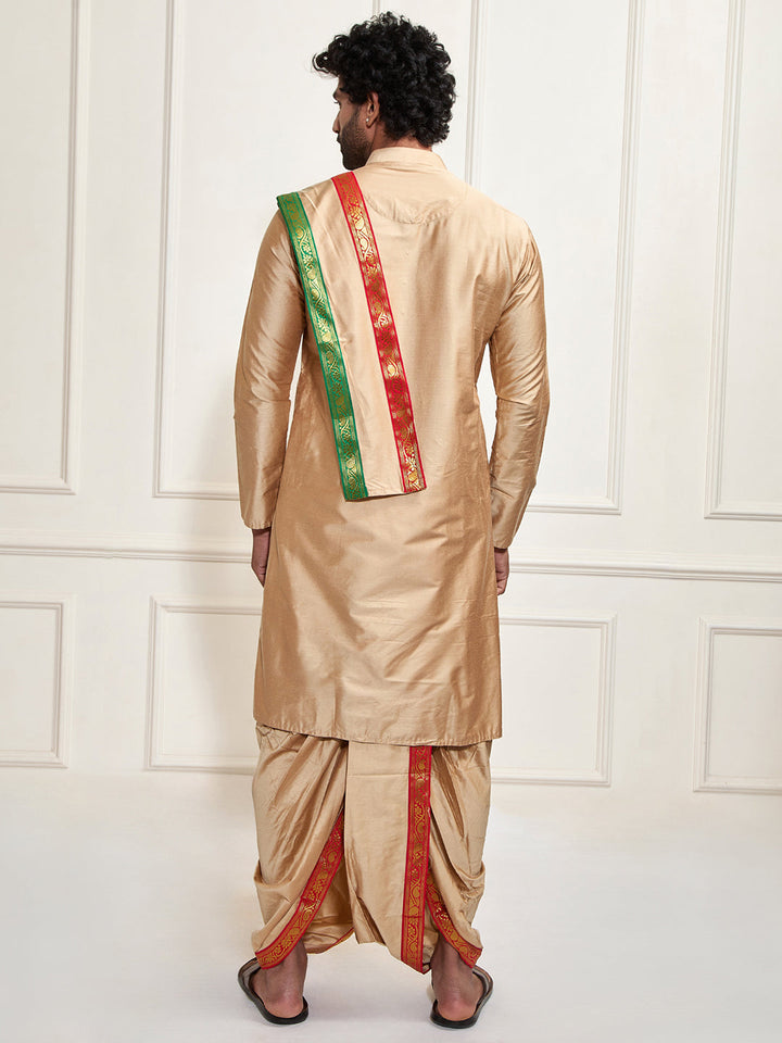 Sarvati Men's Rose Gold Cotton Blend Kurta Dhoti And Dupatta Set