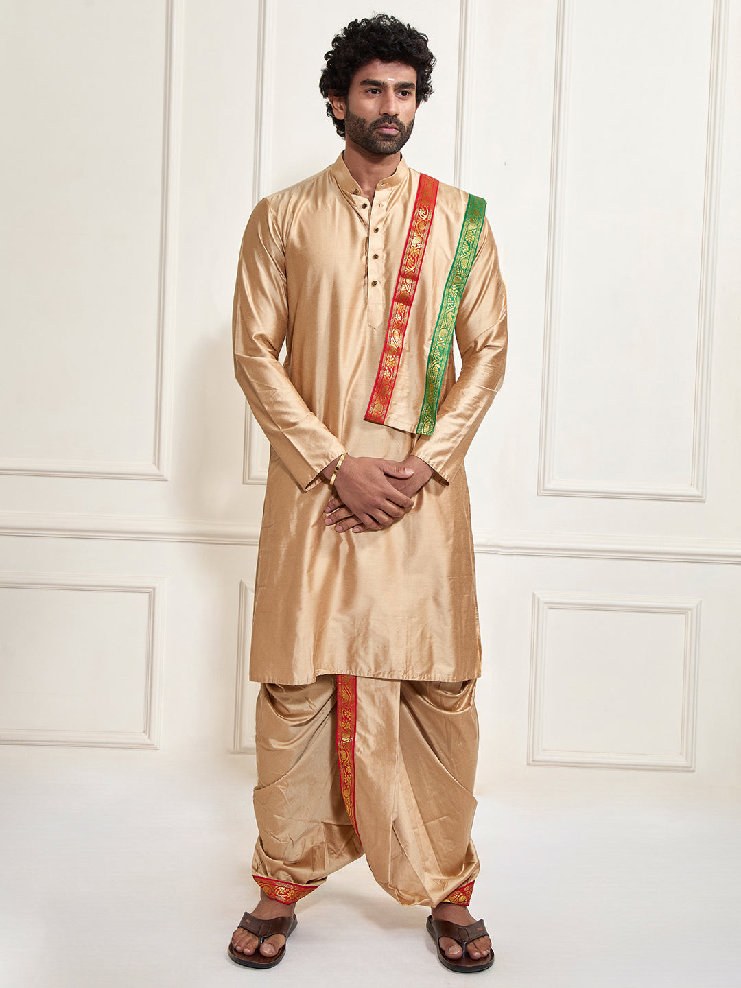 Sarvati Men's Rose Gold Cotton Blend Kurta Dhoti And Dupatta Set