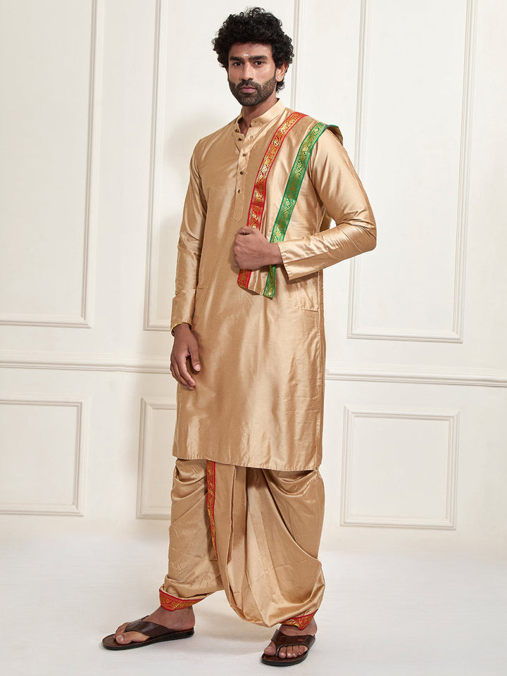 Sarvati Men's Rose Gold Cotton Blend Kurta Dhoti And Dupatta Set