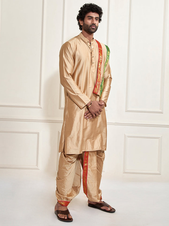 Sarvati Men's Rose Gold Cotton Blend Kurta Dhoti And Dupatta Set