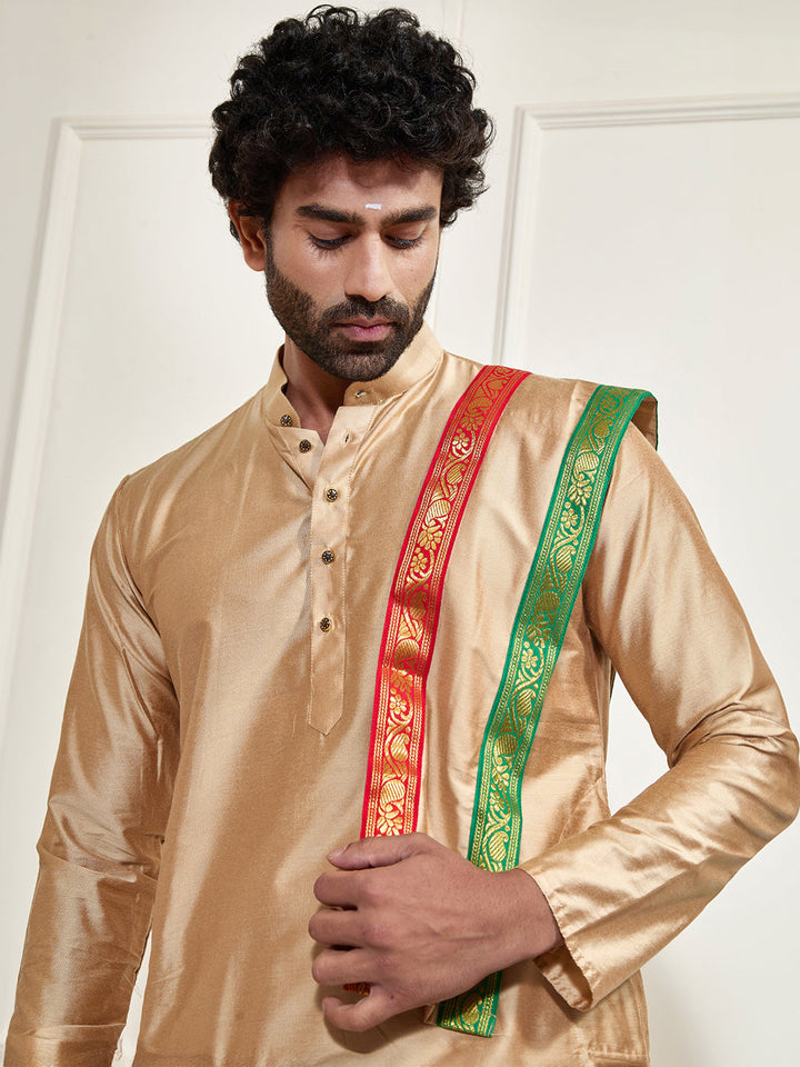 Sarvati Men's Rose Gold Cotton Blend Kurta Dhoti And Dupatta Set