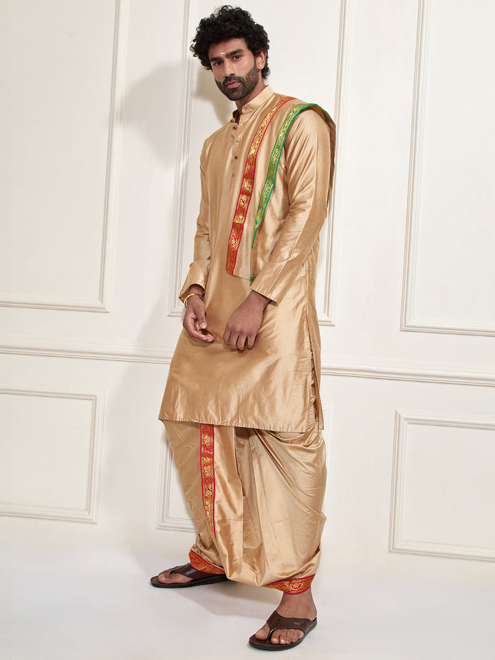 Sarvati Men's Rose Gold Cotton Blend Kurta Dhoti And Dupatta Set