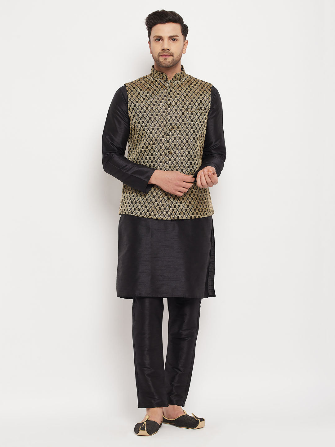 Sarvati Men's Black Silk Blend Jacket With Kurta Pant Set