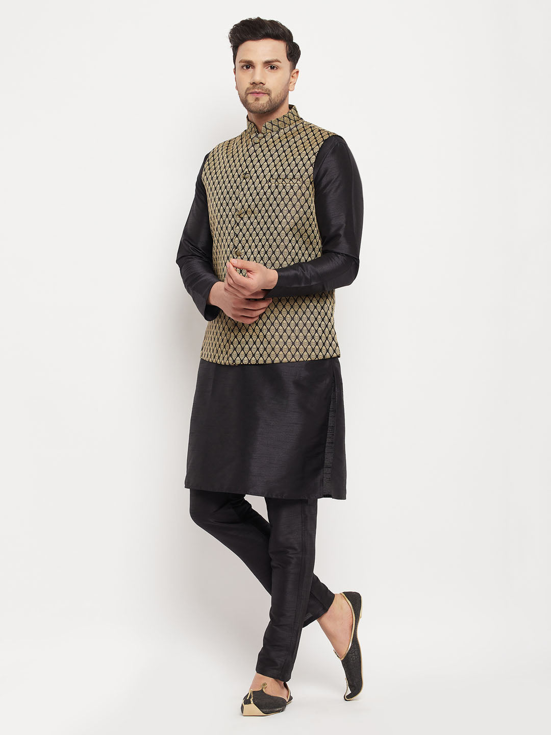 Sarvati Men's Black Silk Blend Jacket With Kurta Pant Set