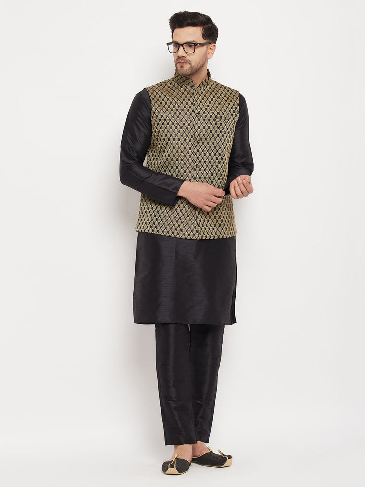 Sarvati Men's Black Silk Blend Jacket With Kurta Pant Set