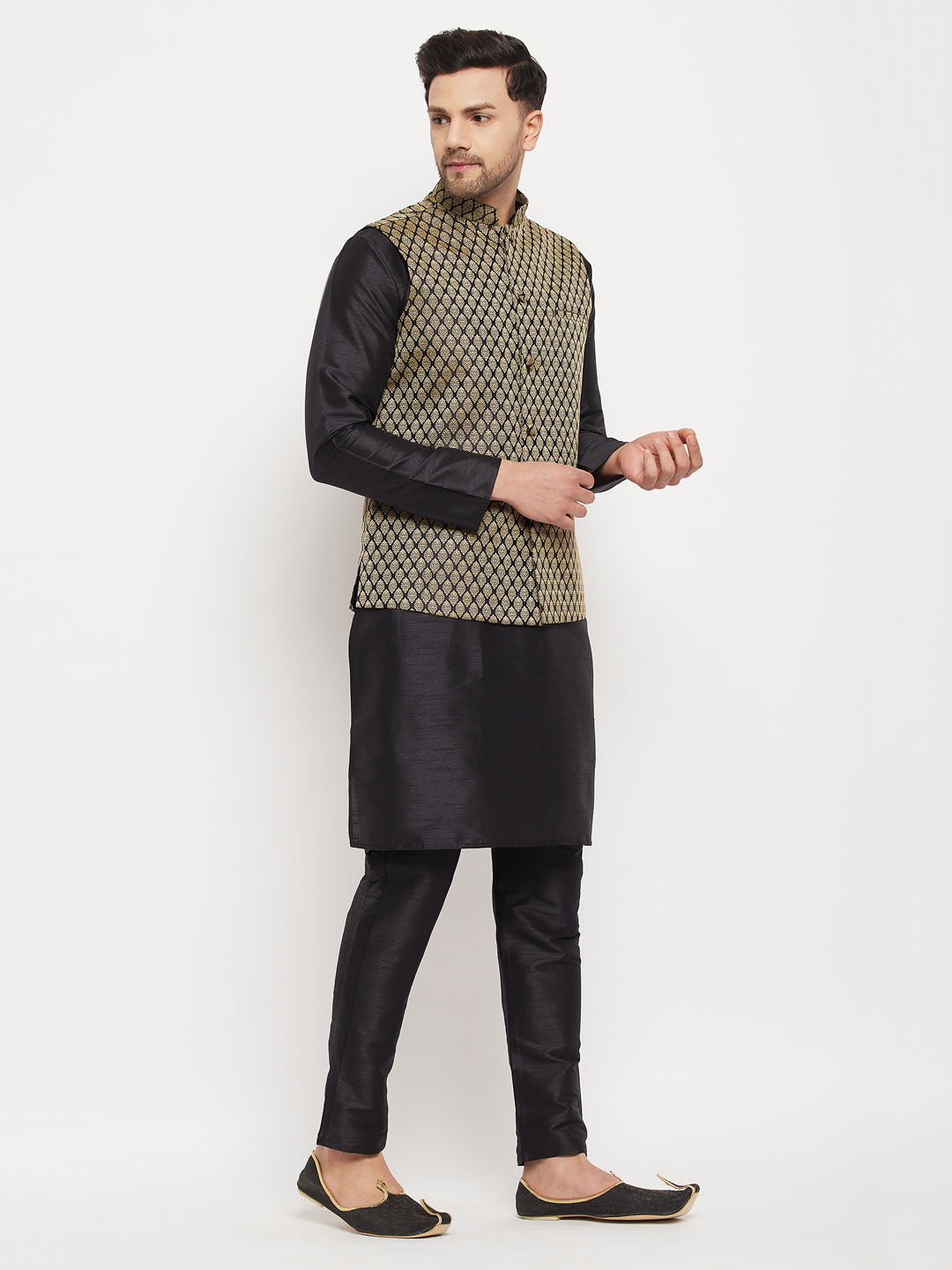 Sarvati Men's Black Silk Blend Jacket With Kurta Pant Set