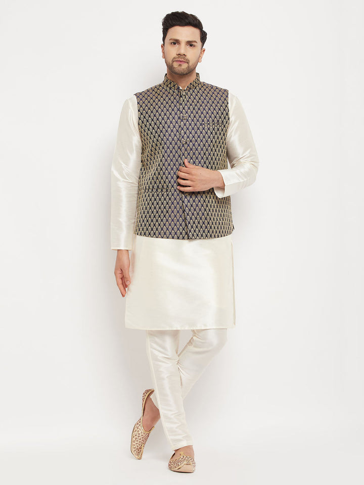 Sarvati Men's Blue Silk Blend Jacket with Kurta Pant Set