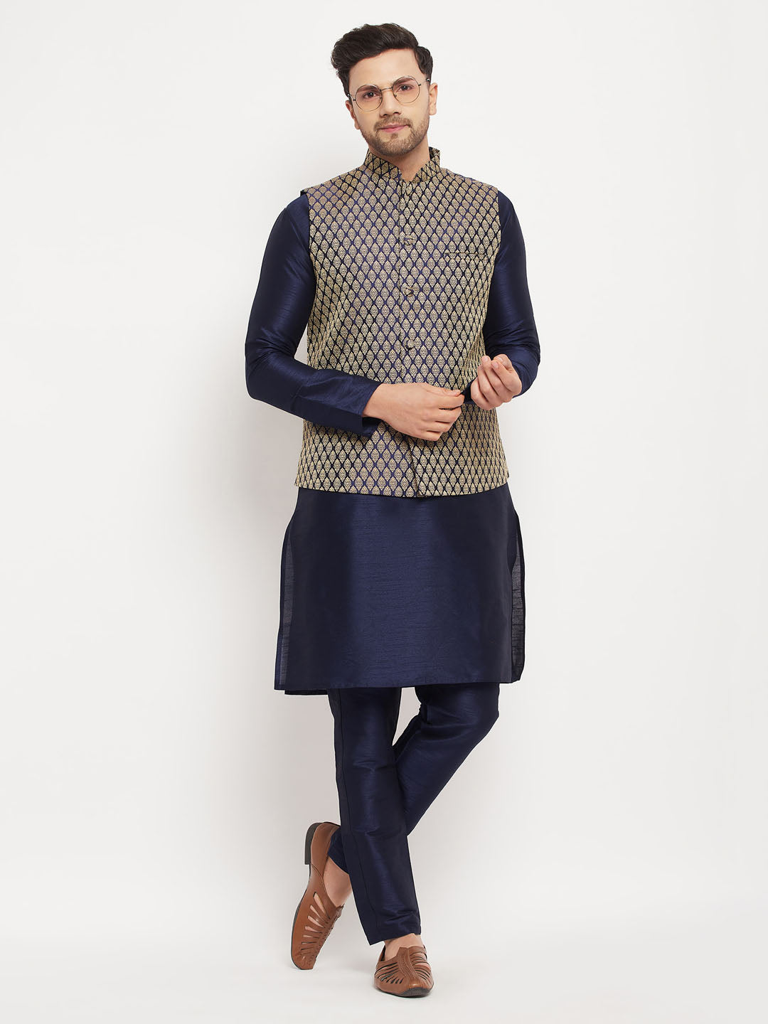 Sarvati Men's BlueSilk Blend Jacket With Kurta Pant  Set