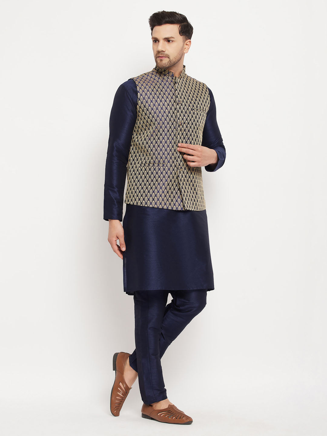 Sarvati Men's BlueSilk Blend Jacket With Kurta Pant  Set