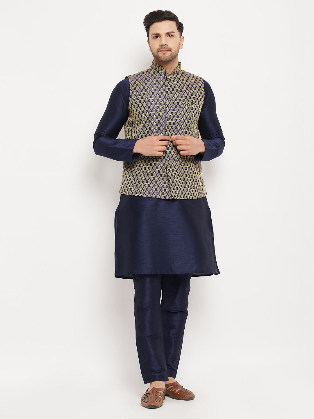 Sarvati Men's BlueSilk Blend Jacket With Kurta Pant  Set