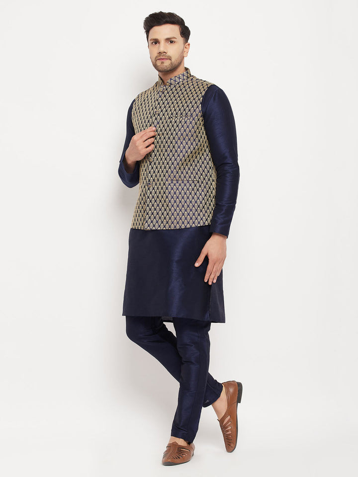 Sarvati Men's BlueSilk Blend Jacket With Kurta Pant  Set