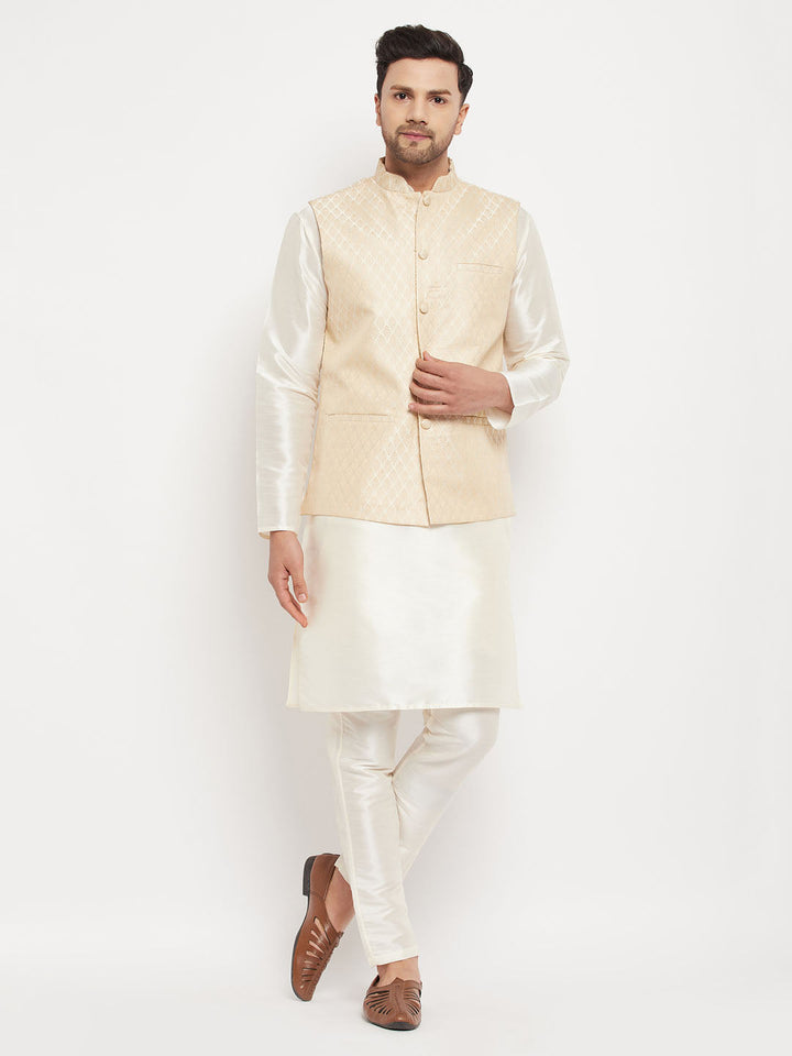 Sarvati Men's Cream Silk Blend Jacket with Kurta Pant Set