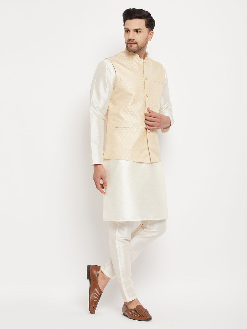 Sarvati Men's Cream Silk Blend Jacket with Kurta Pant Set