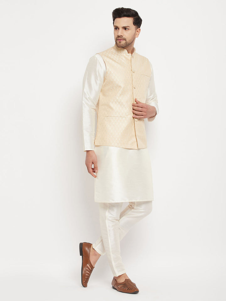 Sarvati Men's Cream Silk Blend Jacket with Kurta Pant Set