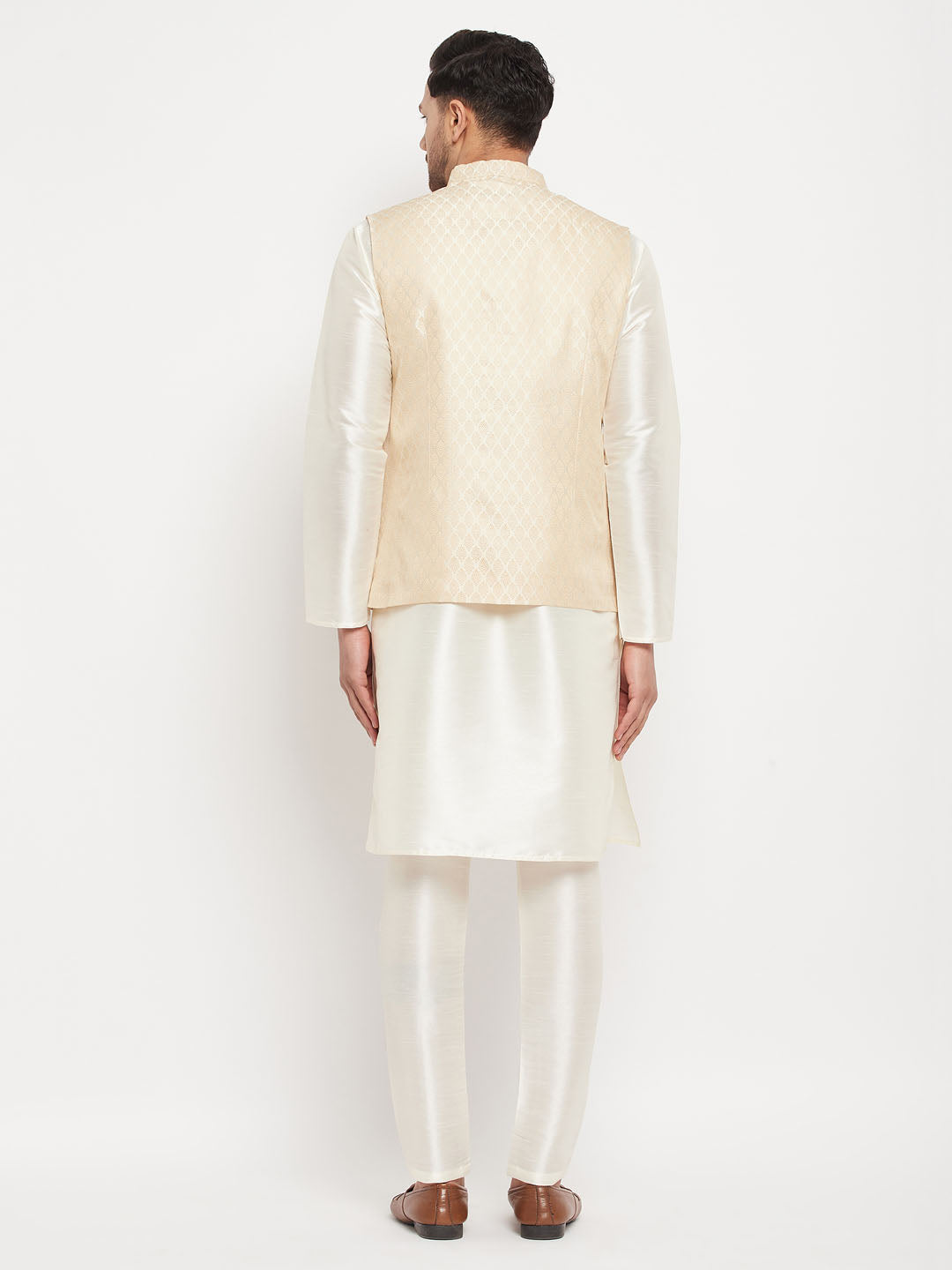 Sarvati Men's Cream Silk Blend Jacket with Kurta Pant Set