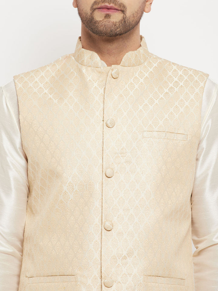 Sarvati Men's Cream Silk Blend Jacket with Kurta Pant Set