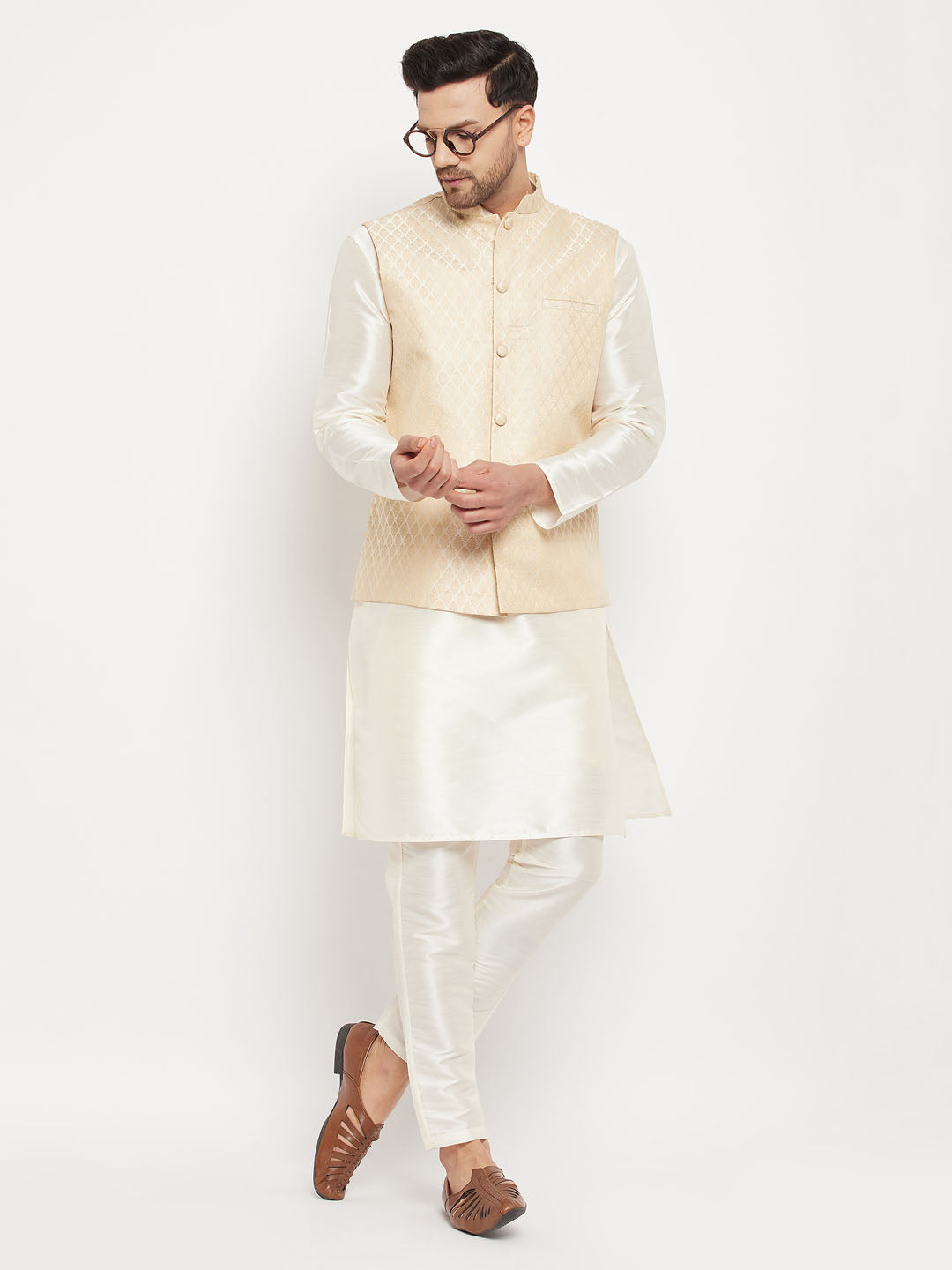 Sarvati Men's Cream Silk Blend Jacket with Kurta Pant Set