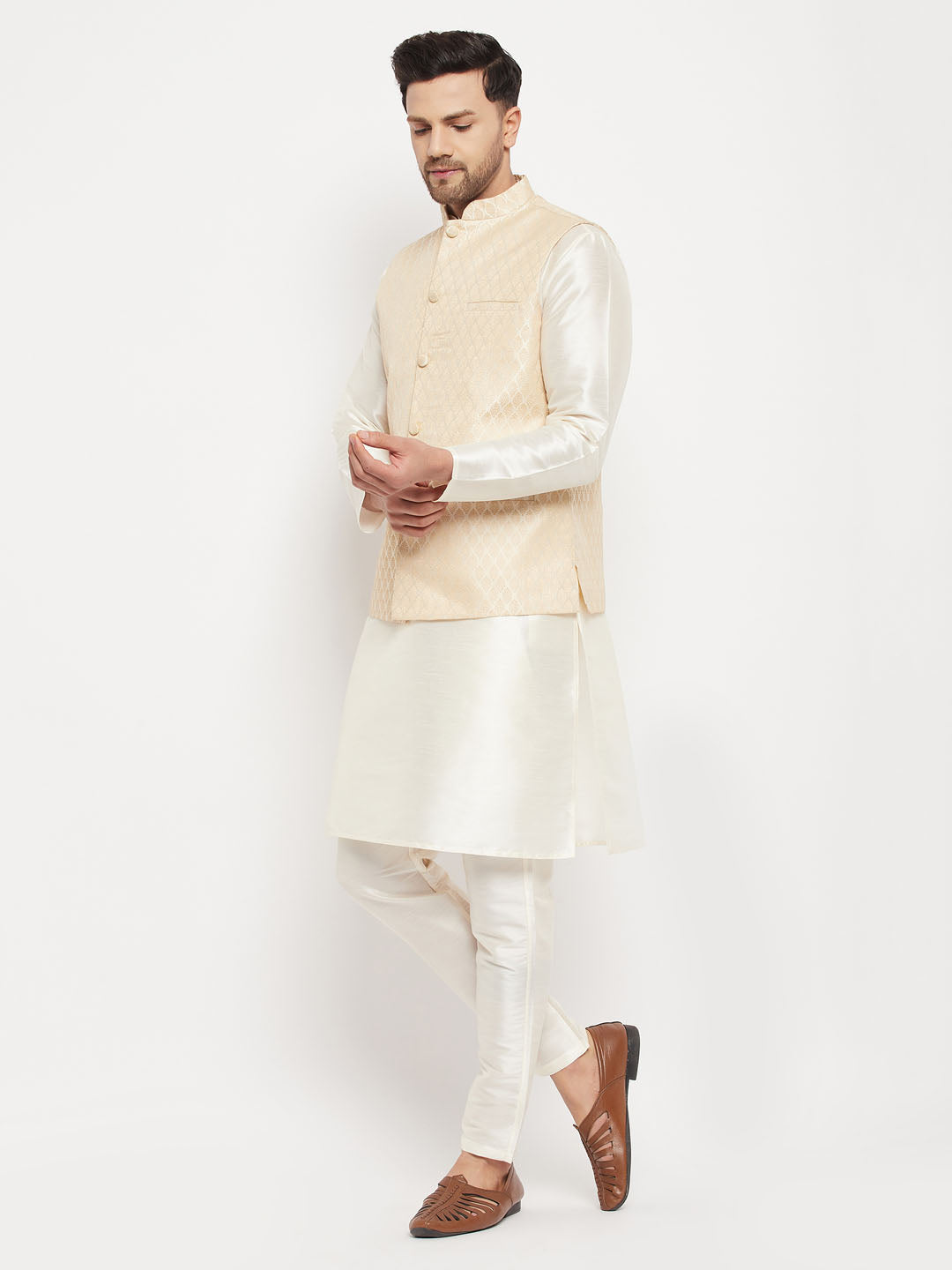 Sarvati Men's Cream Silk Blend Jacket with Kurta Pant Set