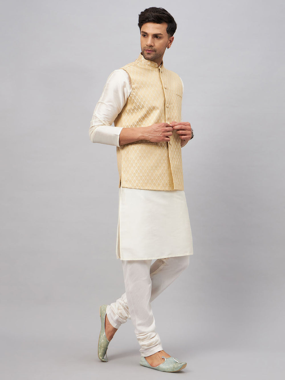 Sarvati Men's Cream Silk Blend Jacket with Kurta Pyjama Set