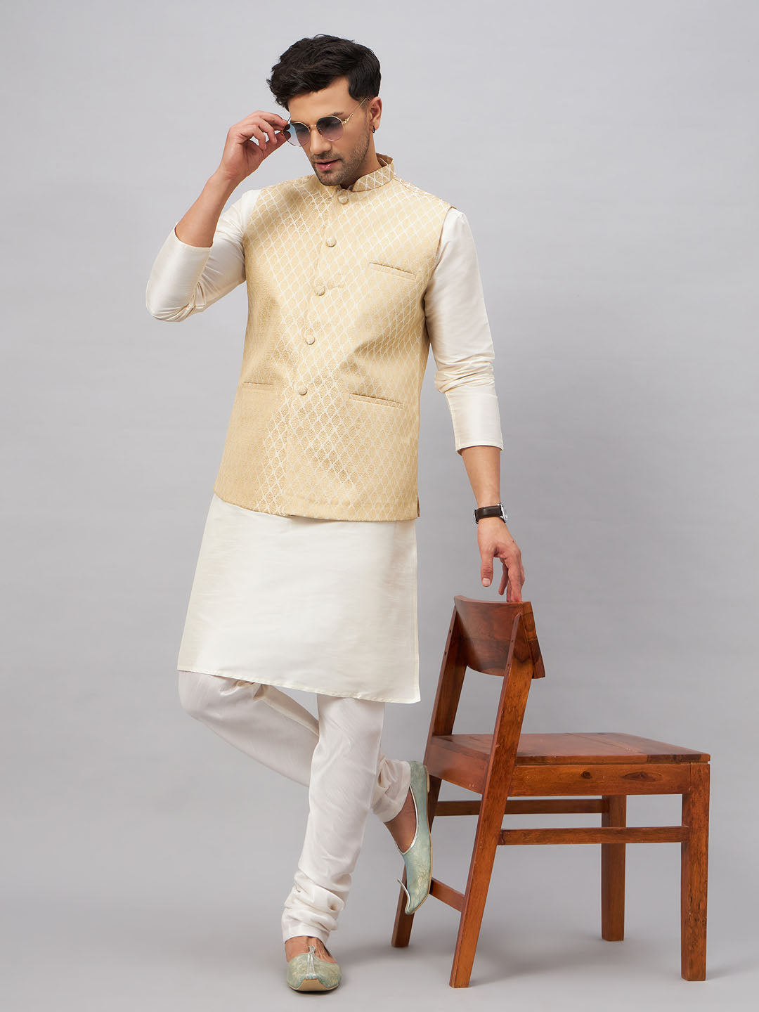 Sarvati Men's Cream Silk Blend Jacket with Kurta Pyjama Set