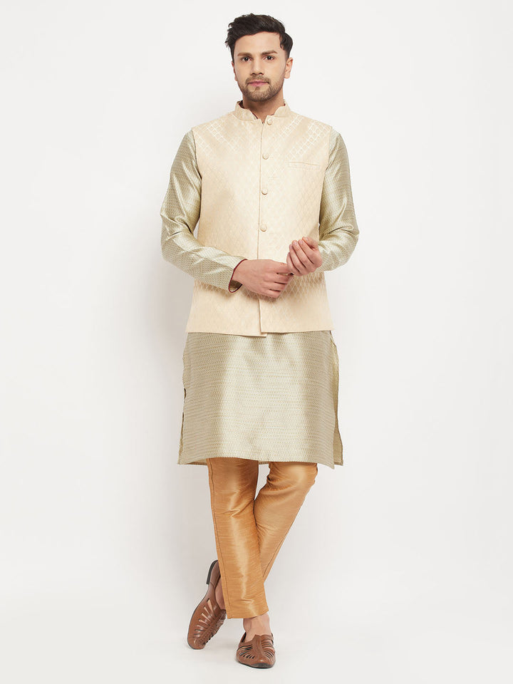 Sarvati Men's Cream Silk Blend Jacket with Kurta Pant Set