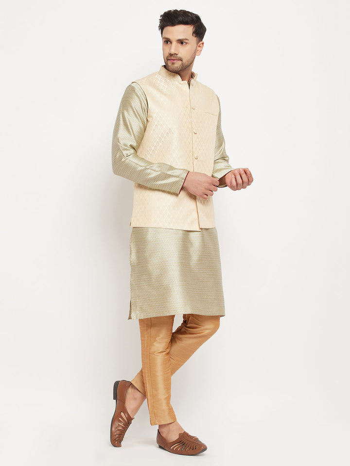 Sarvati Men's Cream Silk Blend Jacket with Kurta Pant Set