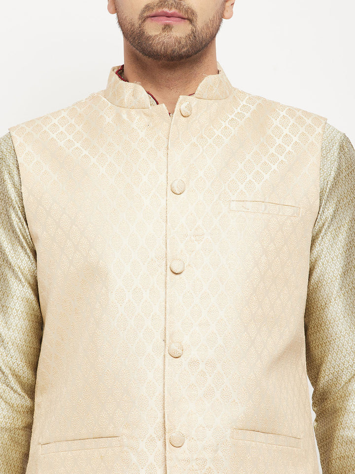 Sarvati Men's Cream Silk Blend Jacket with Kurta Pant Set