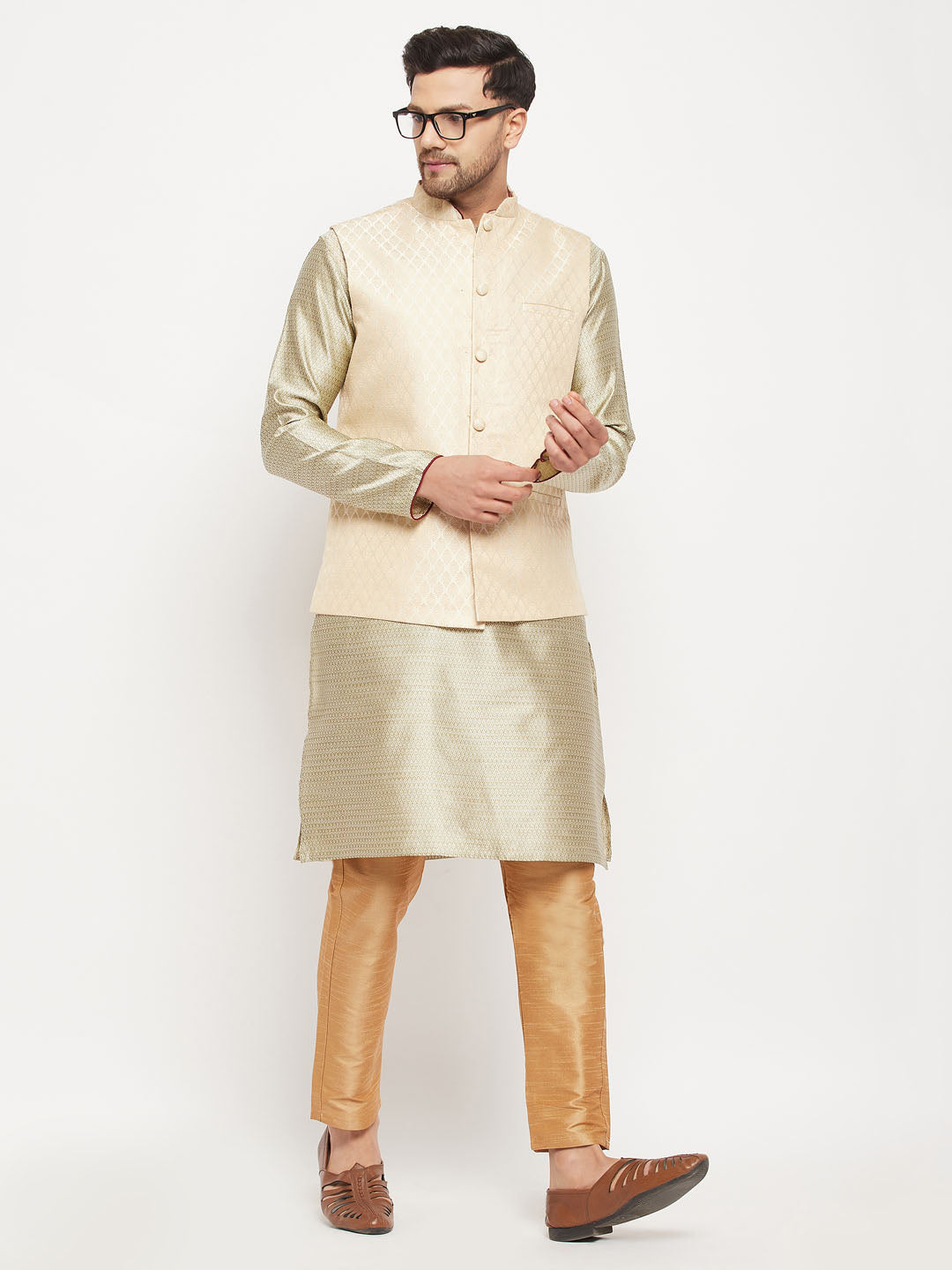 Sarvati Men's Cream Silk Blend Jacket with Kurta Pant Set