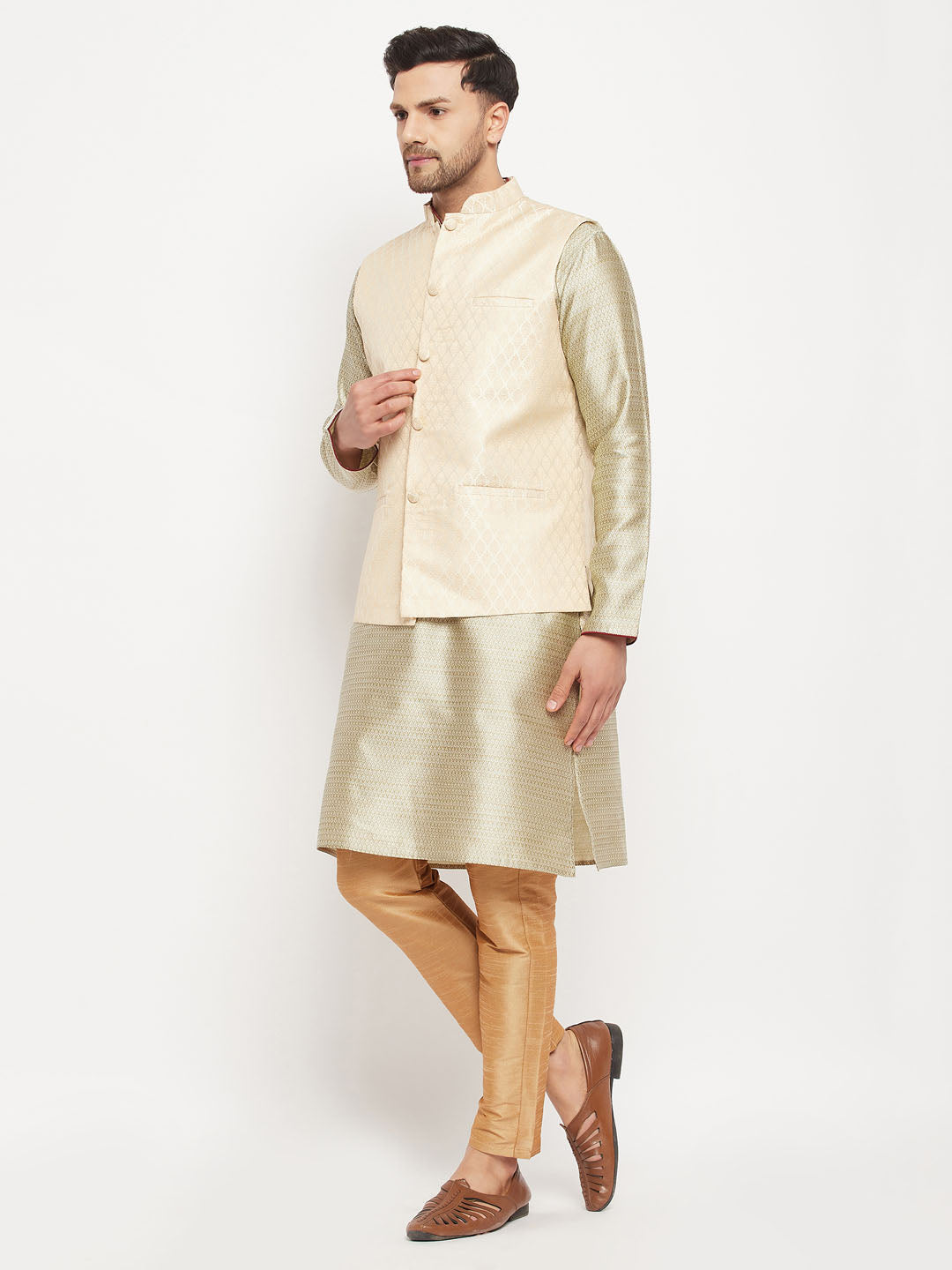 Sarvati Men's Cream Silk Blend Jacket with Kurta Pant Set