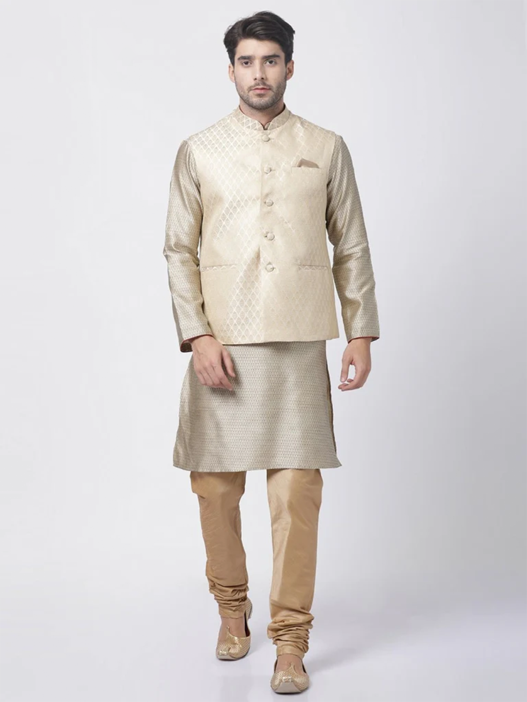 Sarvati Men's Beige Silk Blend Jacket With Kurta Pyjama Set