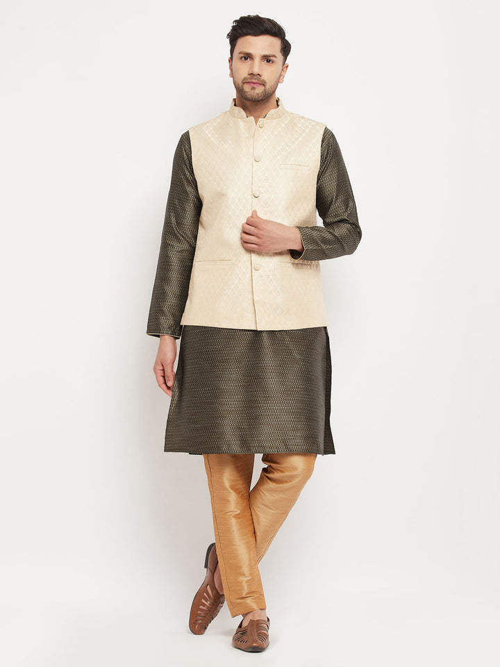 Sarvati Men's Cream Silk Blend Jacket with Kurta Pant Set