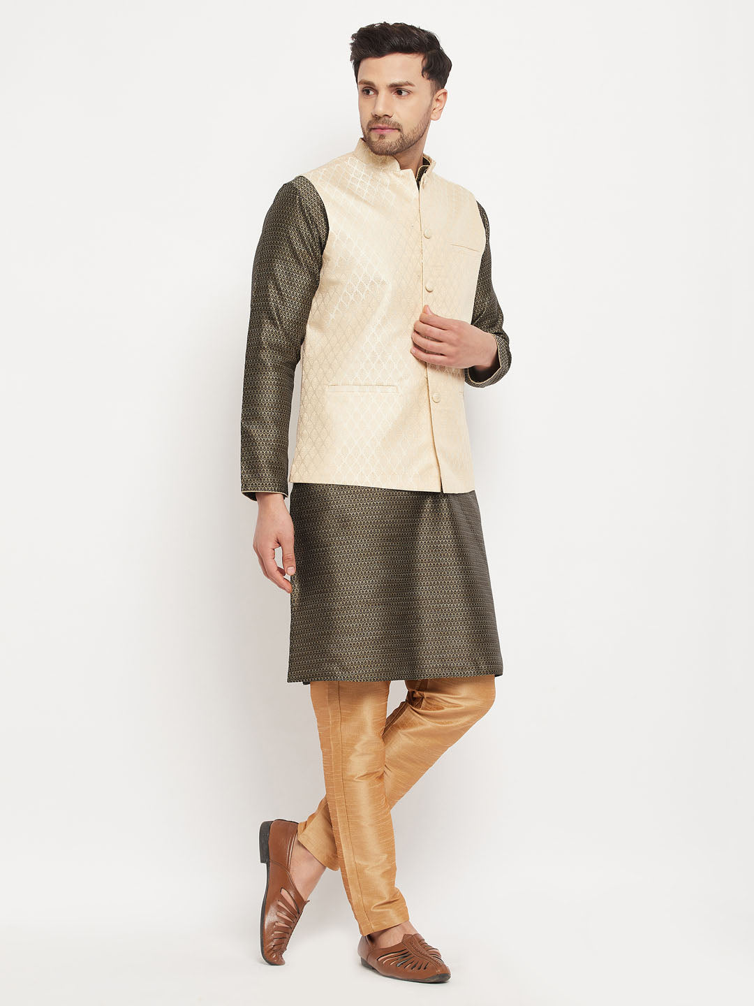 Sarvati Men's Cream Silk Blend Jacket with Kurta Pant Set