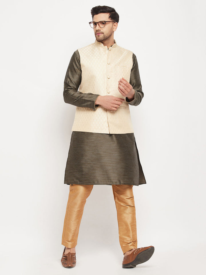 Sarvati Men's Cream Silk Blend Jacket with Kurta Pant Set