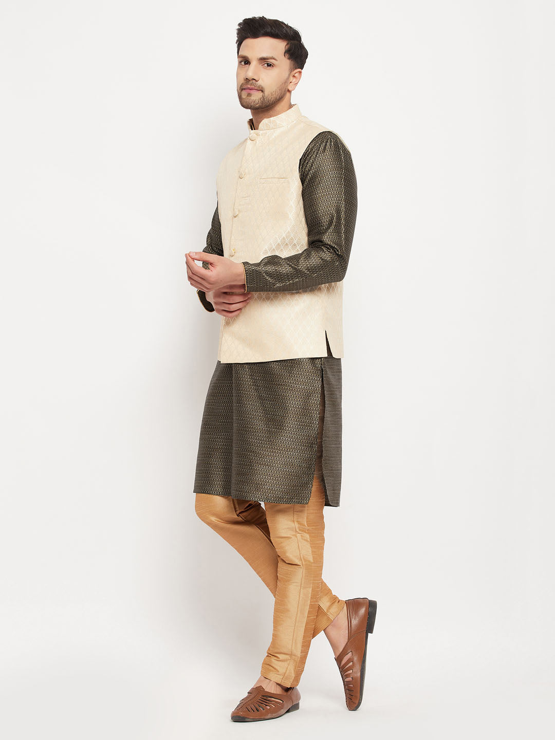 Sarvati Men's Cream Silk Blend Jacket with Kurta Pant Set