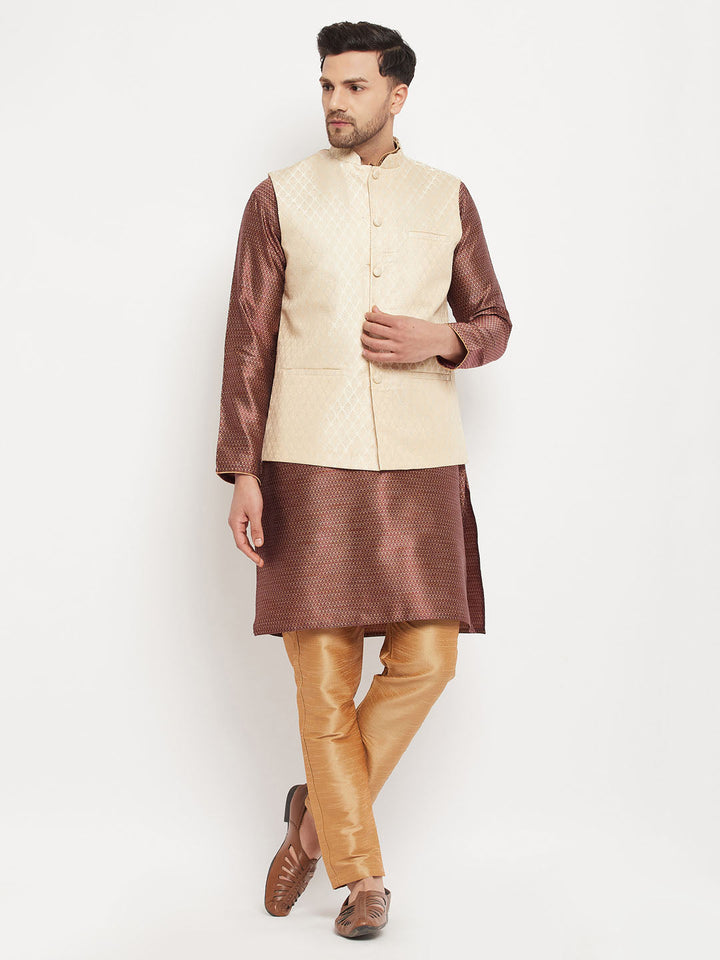 Sarvati Men's Cream Silk Blend Jacket with Kurta Pant Set