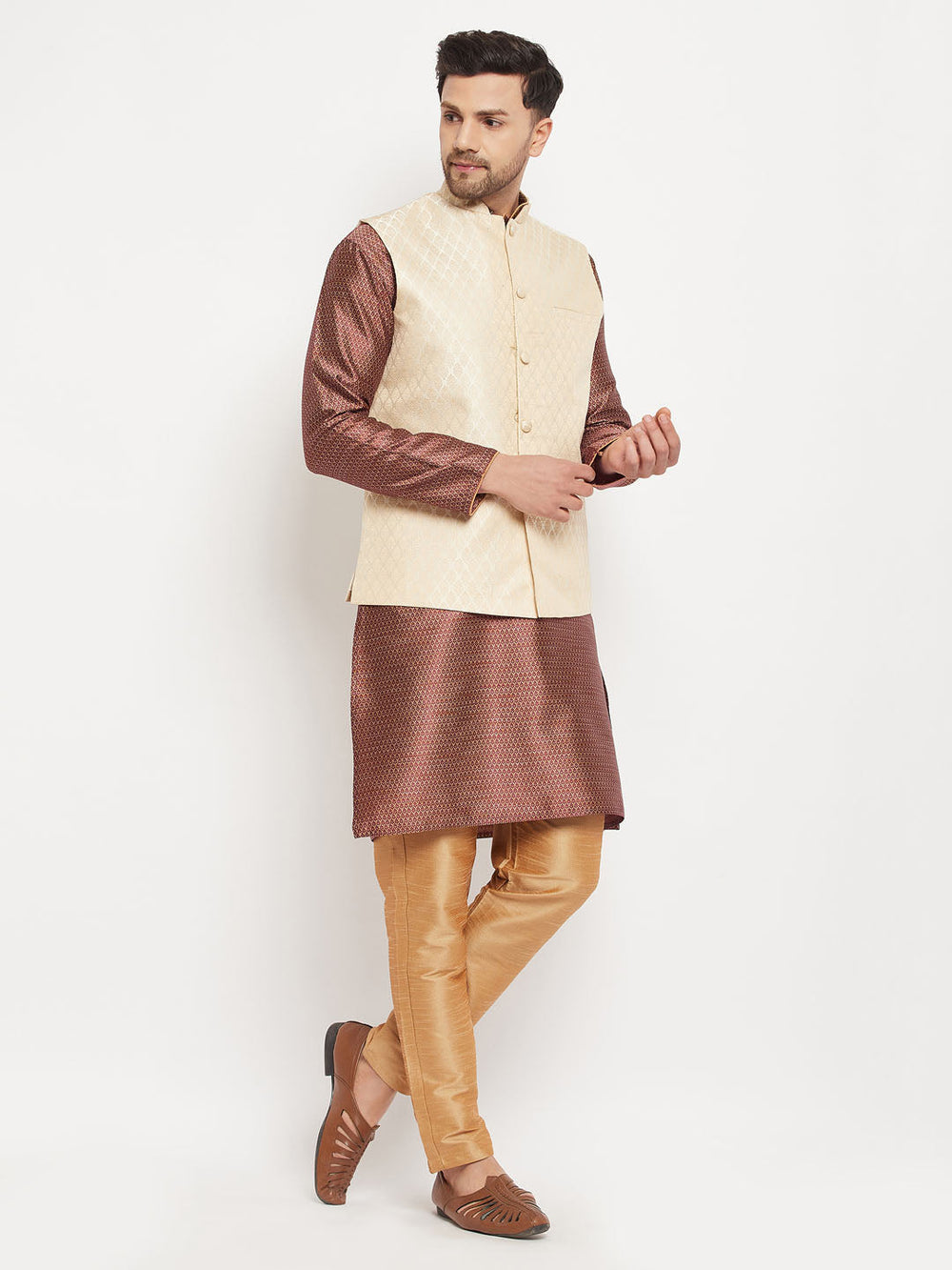 Sarvati Men's Cream Silk Blend Jacket with Kurta Pant Set