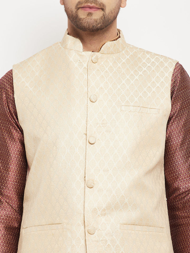 Sarvati Men's Cream Silk Blend Jacket with Kurta Pant Set