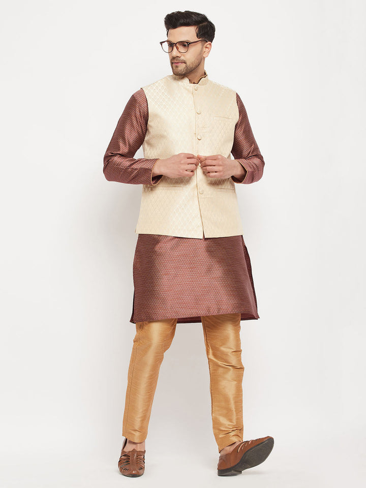 Sarvati Men's Cream Silk Blend Jacket with Kurta Pant Set