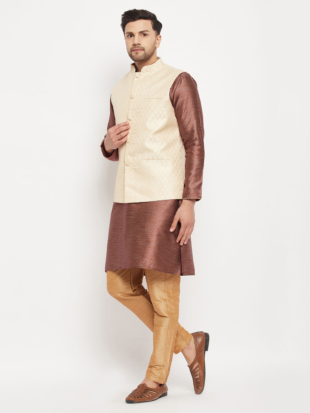 Sarvati Men's Cream Silk Blend Jacket with Kurta Pant Set