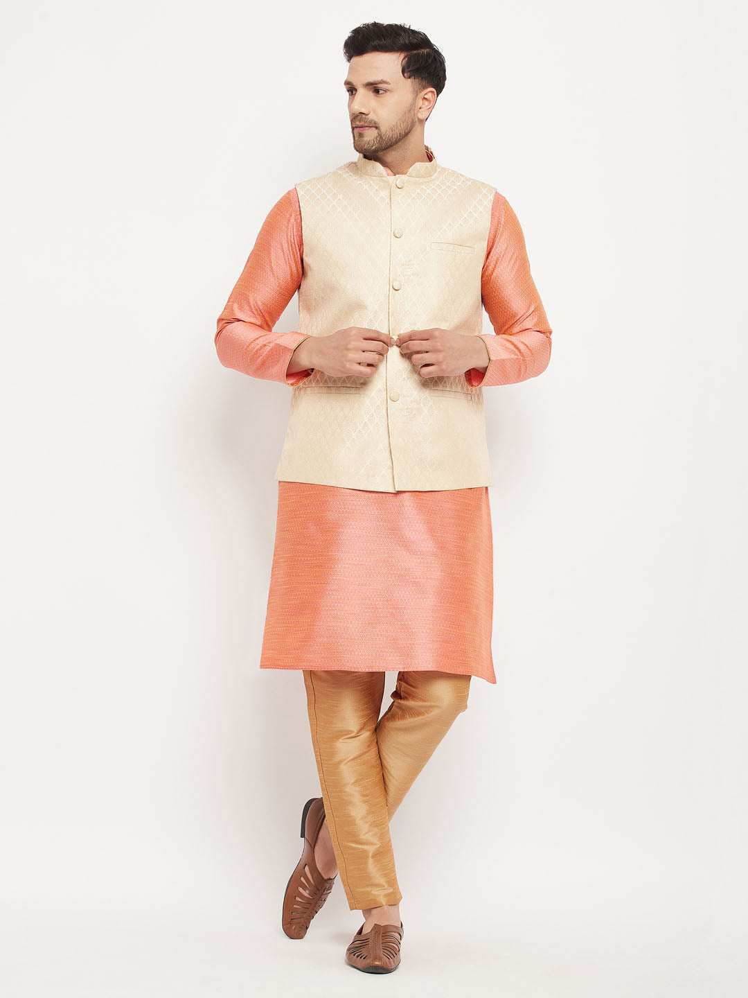 Sarvati Men's Cream Silk Blend Jacket with Kurta Pant Set