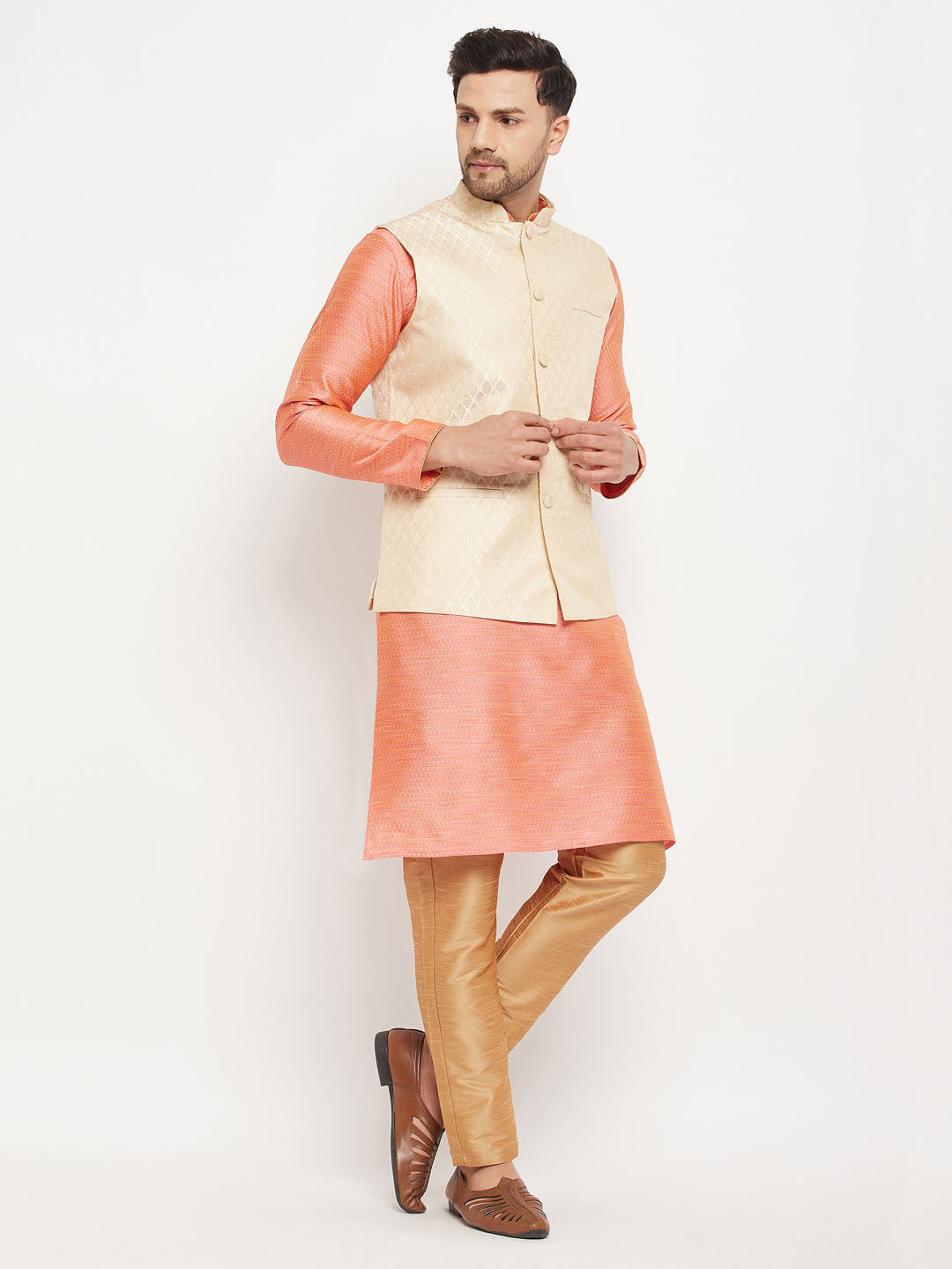 Sarvati Men's Cream Silk Blend Jacket with Kurta Pant Set