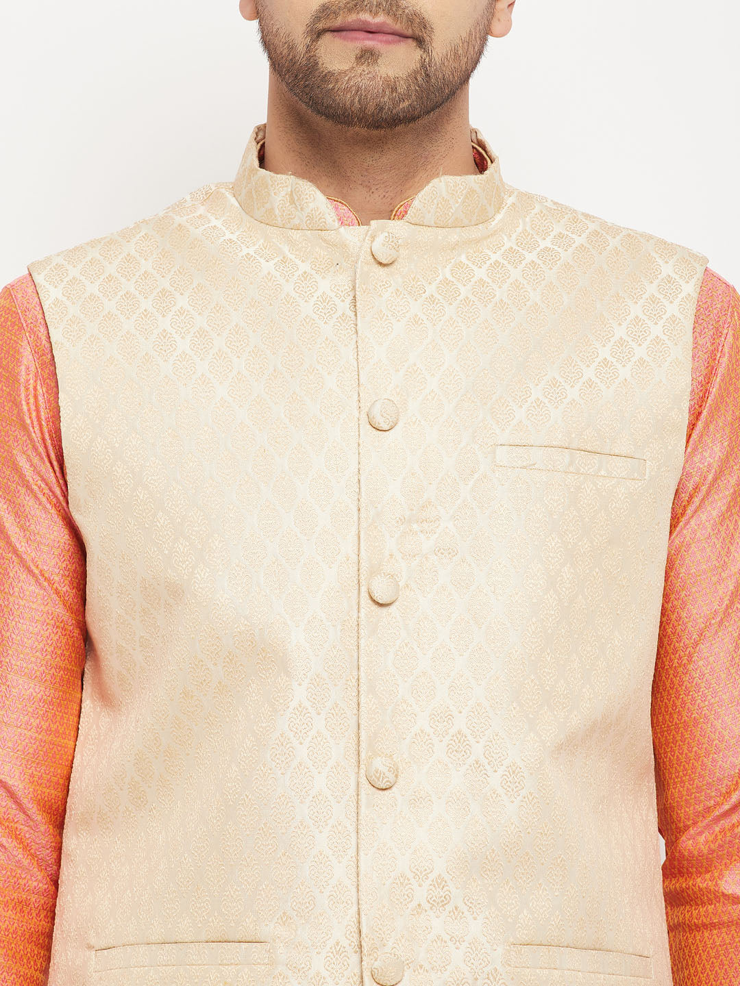 Sarvati Men's Cream Silk Blend Jacket with Kurta Pant Set