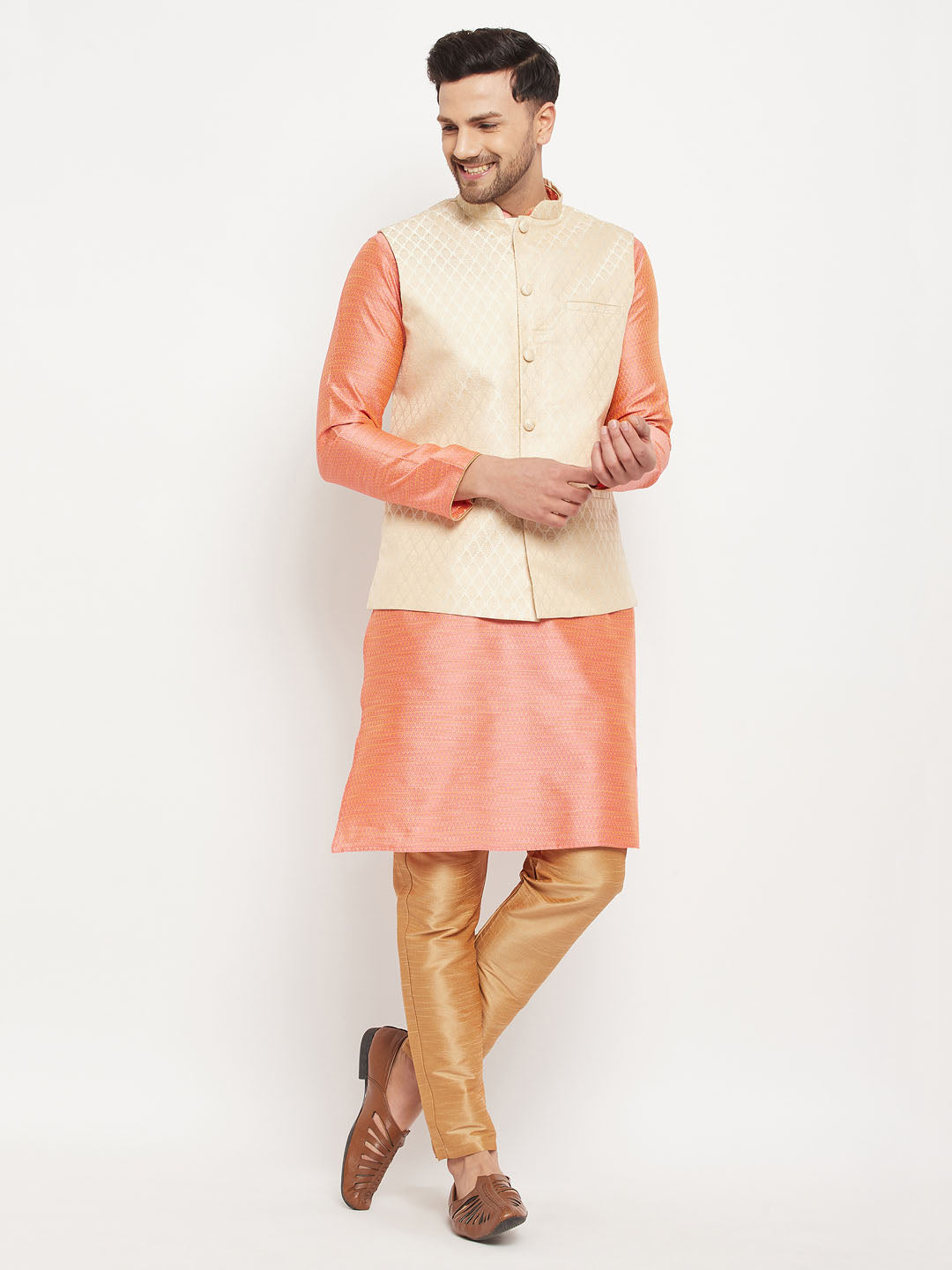 Sarvati Men's Cream Silk Blend Jacket with Kurta Pant Set