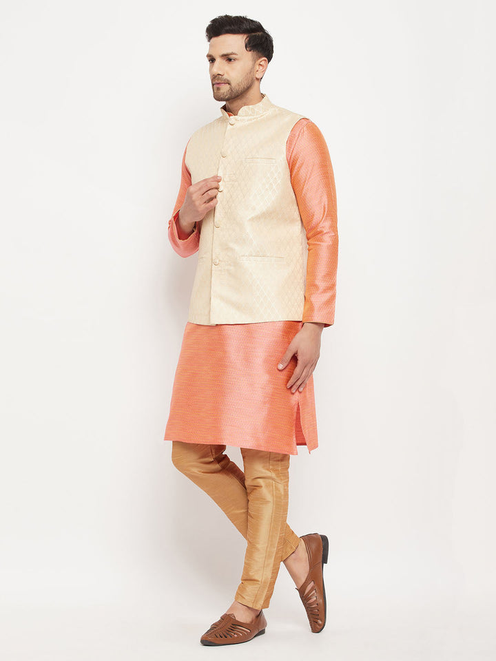 Sarvati Men's Cream Silk Blend Jacket with Kurta Pant Set