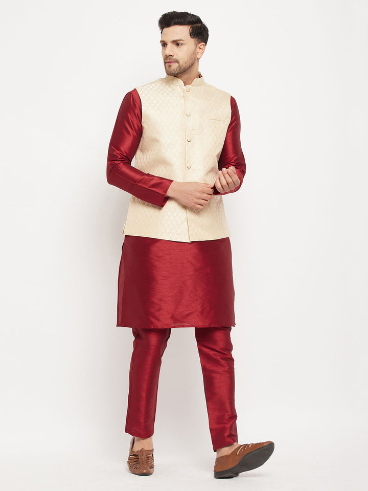 Sarvati Men's Cream Silk Blend Jacket with Kurta Pant Set