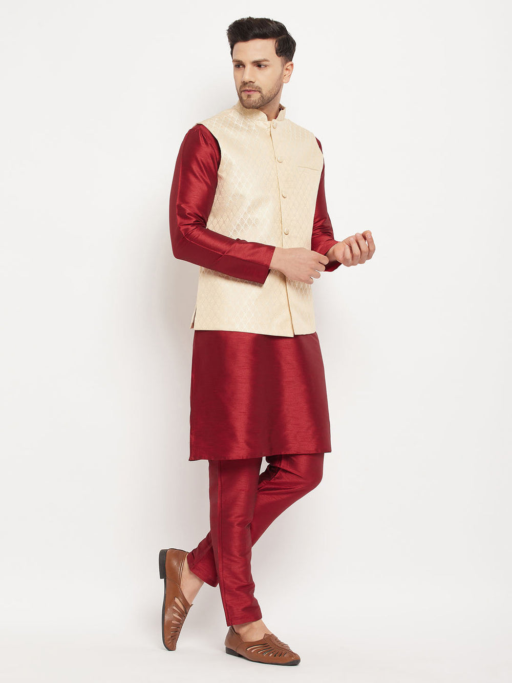 Sarvati Men's Cream Silk Blend Jacket with Kurta Pant Set