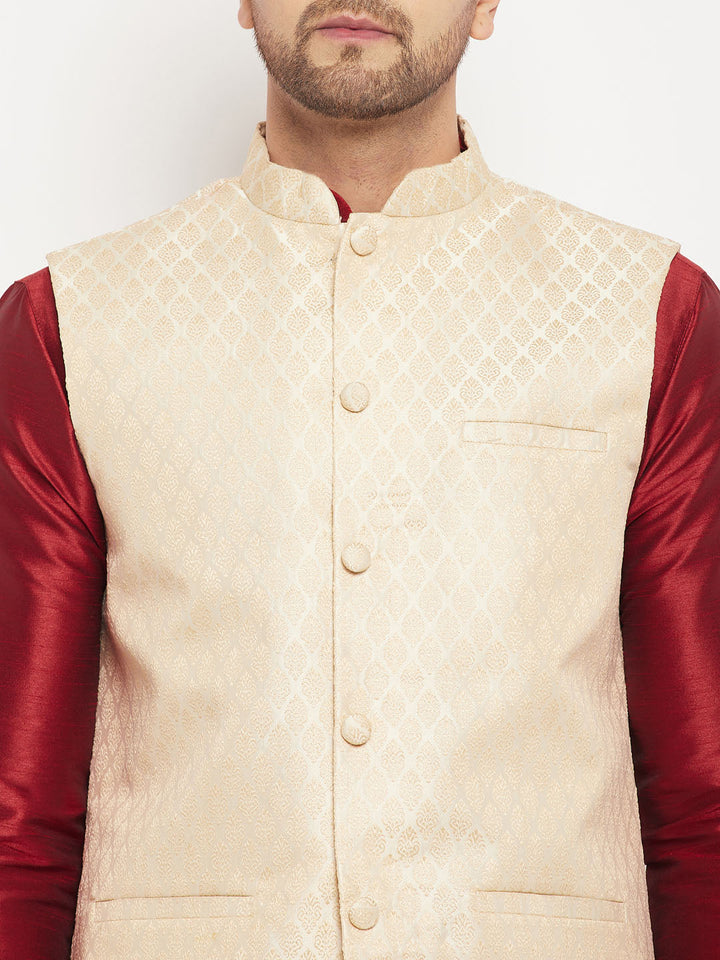 Sarvati Men's Cream Silk Blend Jacket with Kurta Pant Set