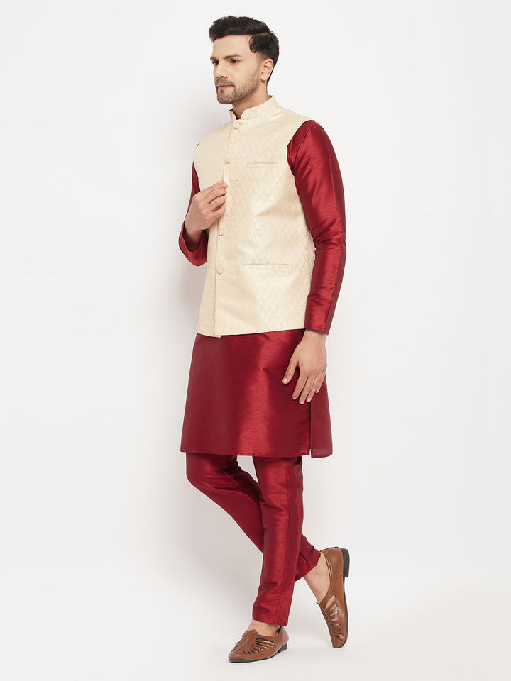 Sarvati Men's Cream Silk Blend Jacket with Kurta Pant Set