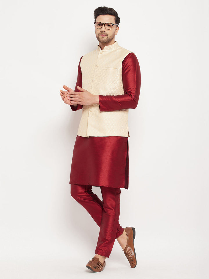 Sarvati Men's Cream Silk Blend Jacket with Kurta Pant Set