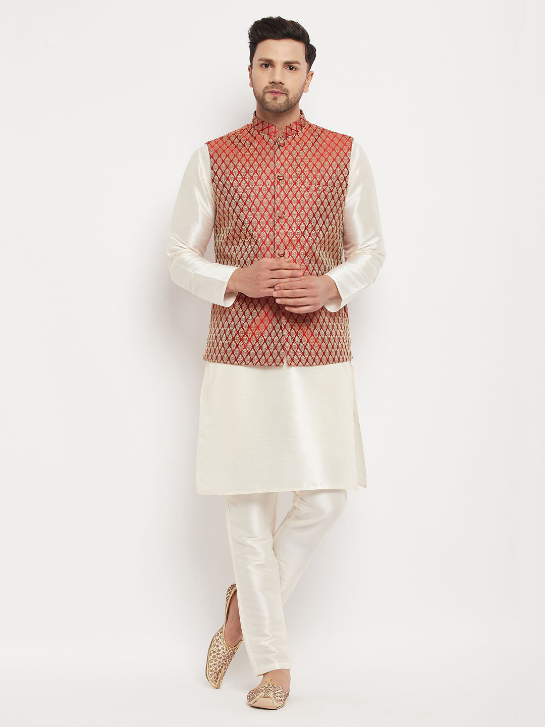 Sarvati Men's Maroon Silk Blend Jacket with Kurta Pant Set